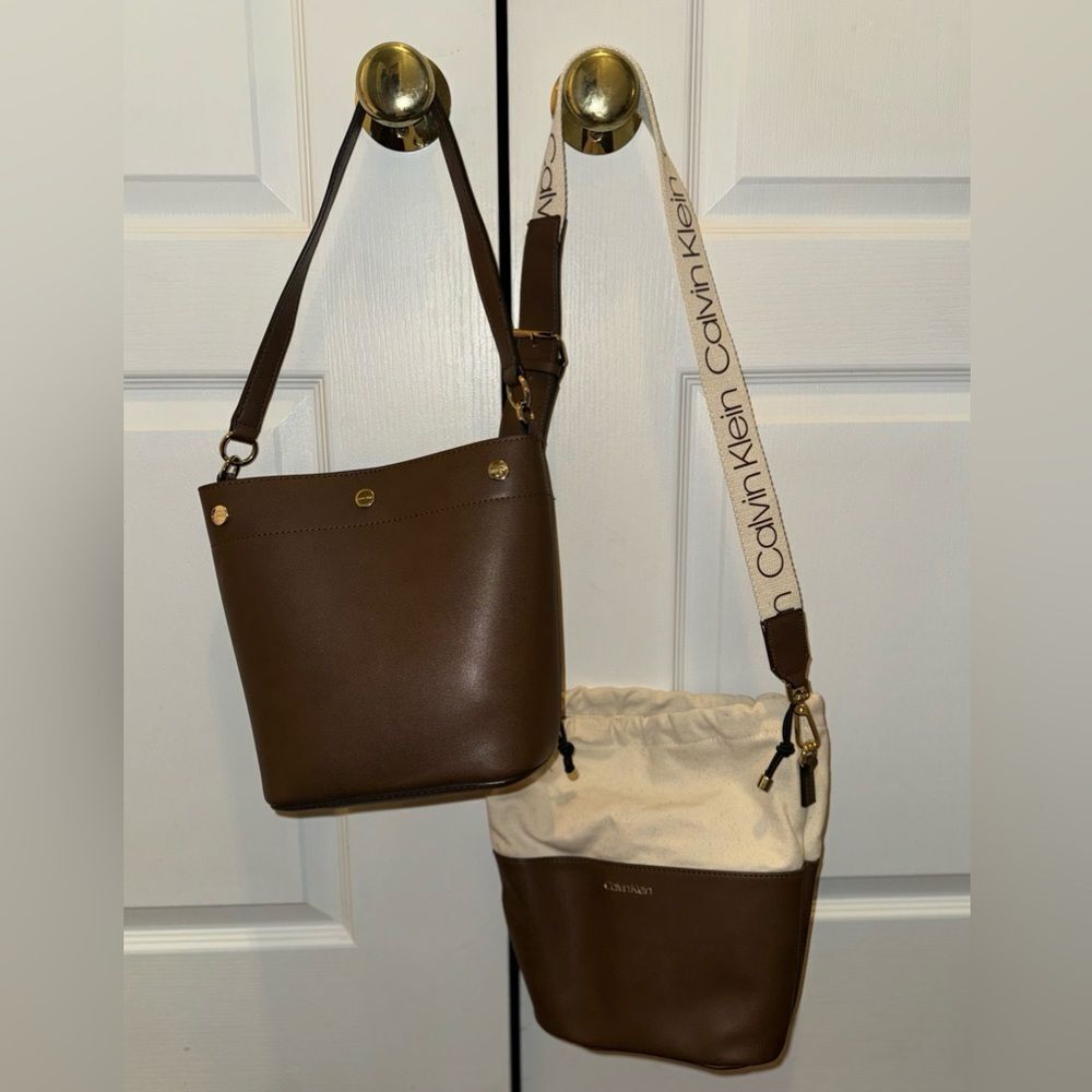 Calvin Klein Brown Bucket Bag with Cream Drawstring Insert